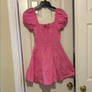 Pink Puff Sleeve Dress, shein sz small, tiered skirt, lined, elastic & tie neck